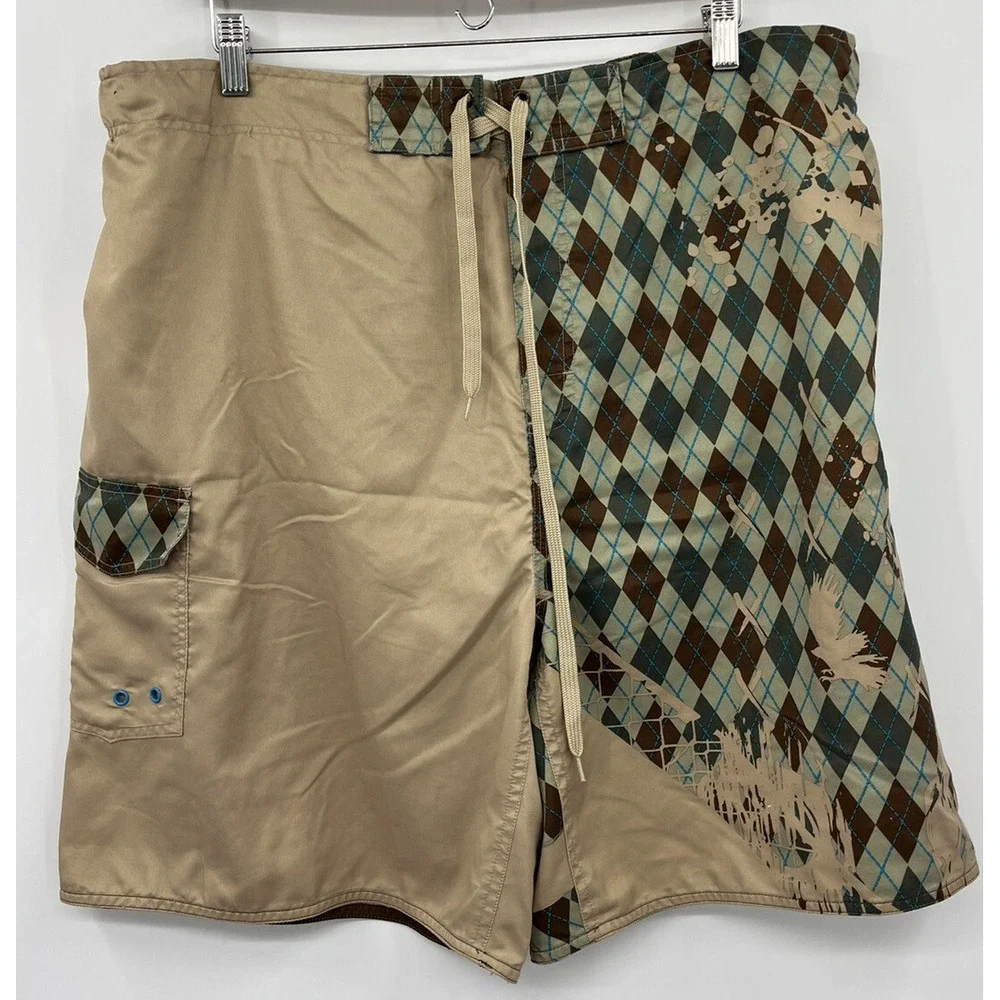 Maui and Sons Men's Board Shorts Swim Trunks Mesh Lined Size XL Argyle